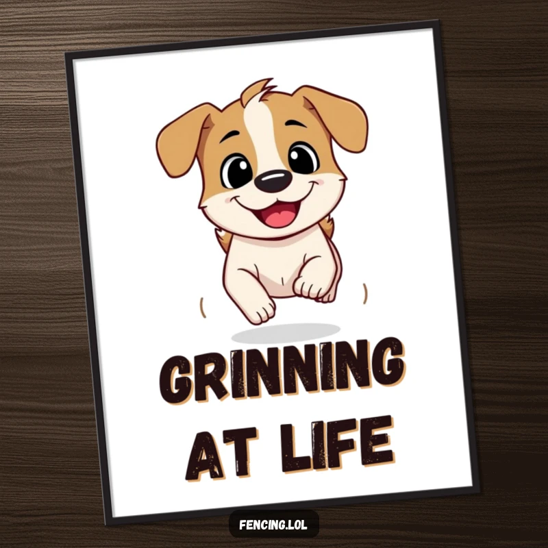 Funny Poster: A curious dog speeding ahead with a gleeful grin, capturing playful energy and canine happiness for wall art.