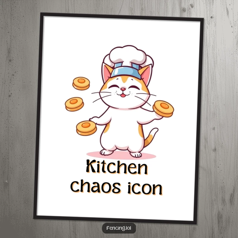 Funny poster featuring a cat chef skillfully juggling flying pancakes, perfect for kitchen wall art.