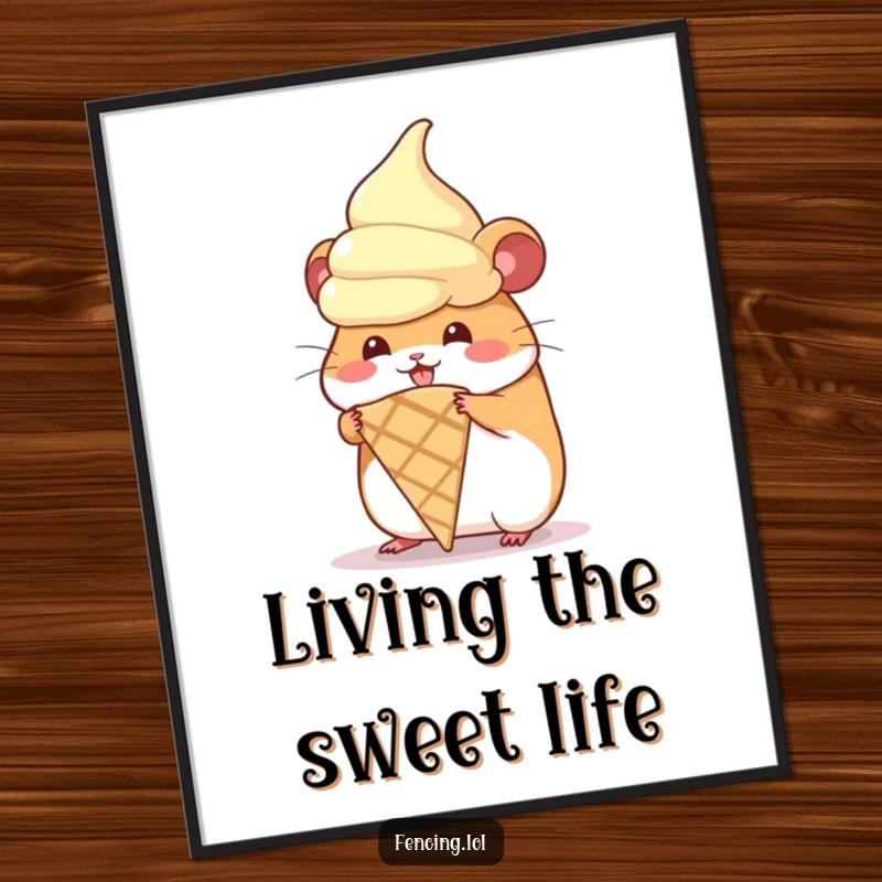 Funny poster featuring a hamster hilariously attempting to wear a giant ice cream cone, perfect for wall art.