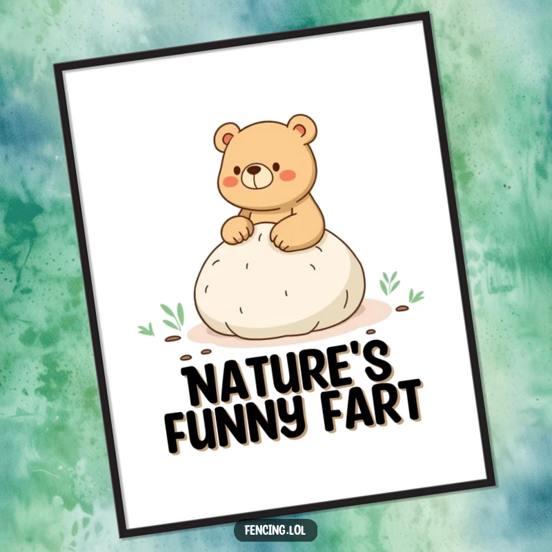 Funny poster capturing a bear humorously squishing a whoopee cushion while hiking, a comical visual for wall decor.