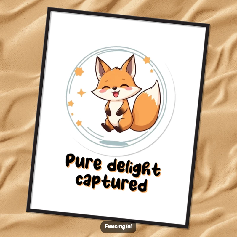 Funny poster print of a determined fox spinning ecstatically in a circle, conveying unbridled joy and delight.