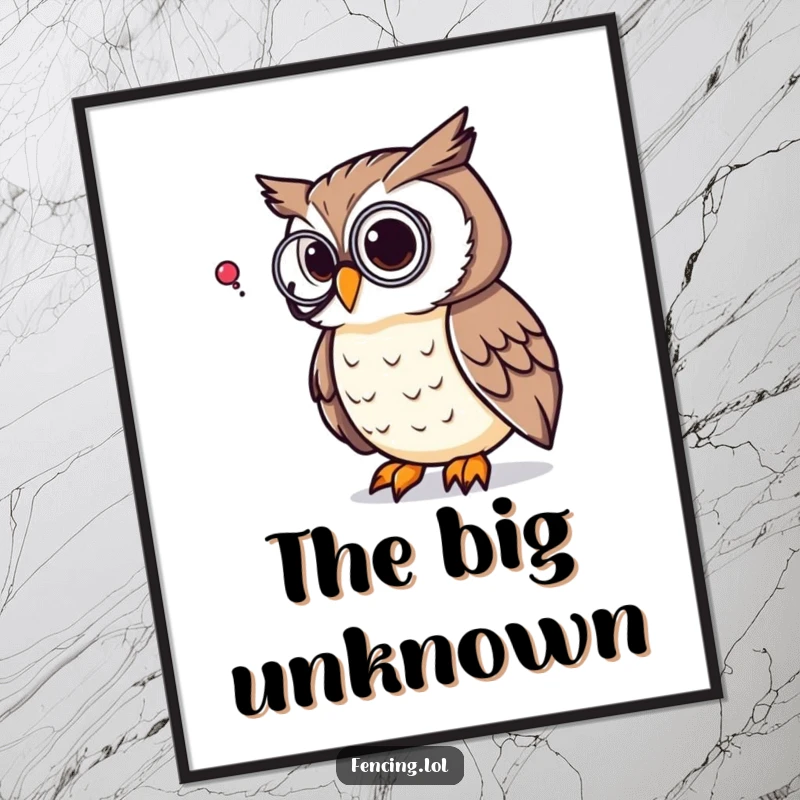 Funny poster of a thoughtful owl wearing a monocle, pondering a giant question mark, sophisticated and humorous wall art for gifting.