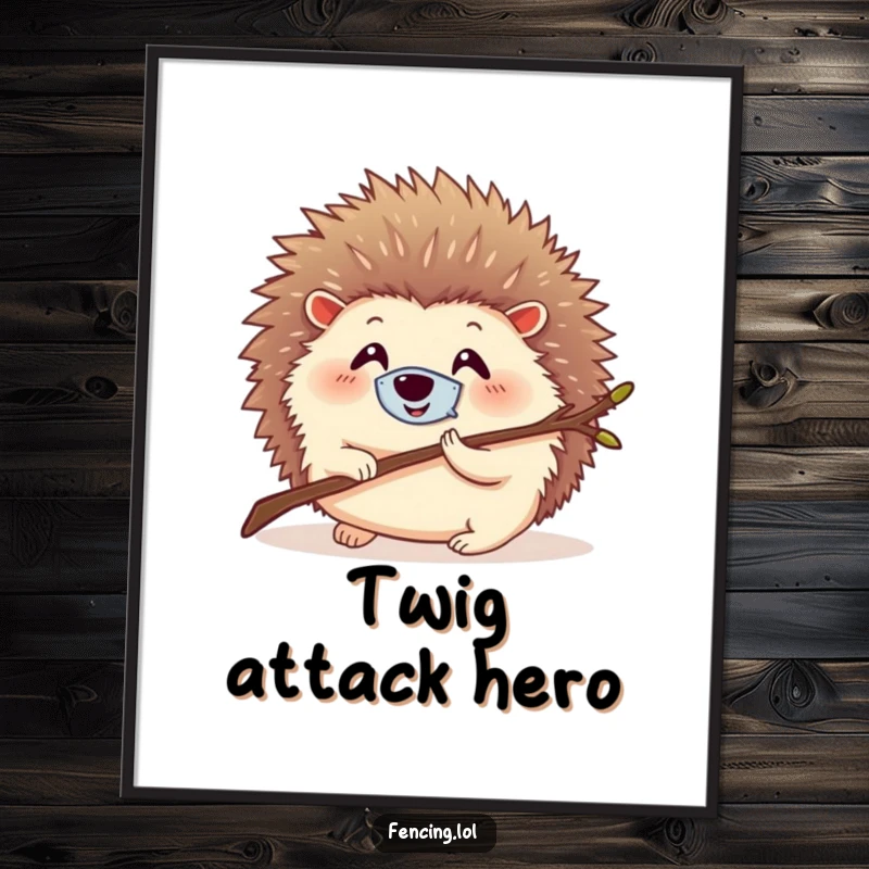 Funny poster of a round, smiling hedgehog wearing a tiny mask, lunging with a twig, adding a heroic and humorous touch to decor.