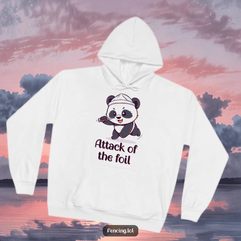 Funny hoodie showing a determined, small panda wearing a tiny foil hat lunging forward with a foil, embodying courage and humor.