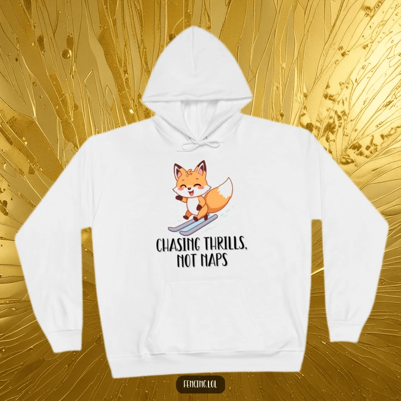 Funny hoodie showing a happy fox energetically zipping around an ice rink with a gleeful expression and winter vibes.