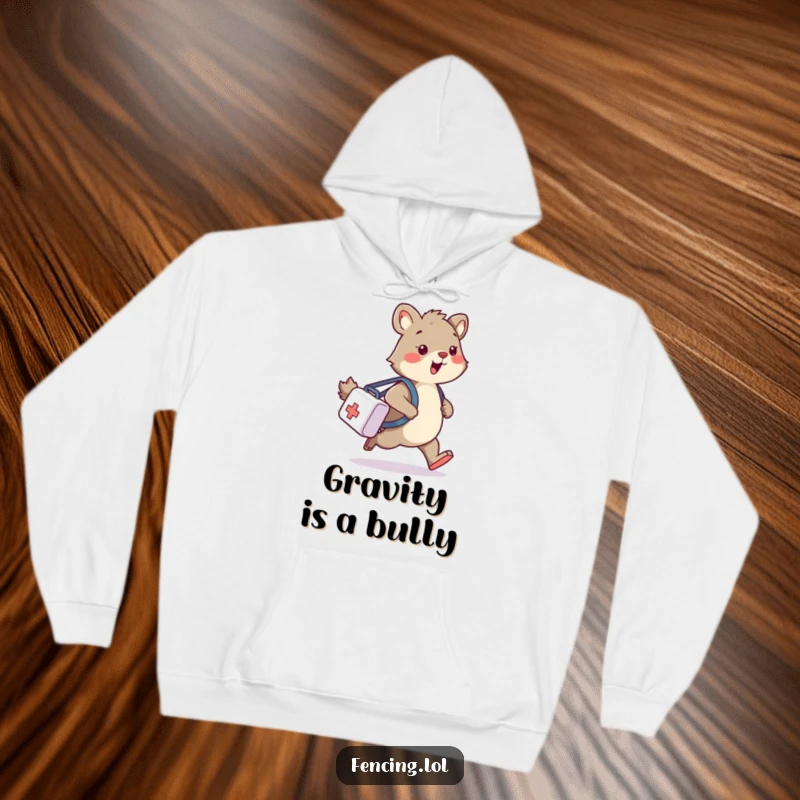 Funny hoodie depicting a wobbly animal tripping with a medical bag, offering comfort and a humorous reminder of life's slips.