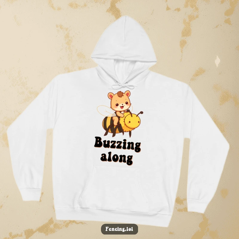 Funny animal hoodie with a cheerful animal riding a large bee, perfect for cozy adventures.