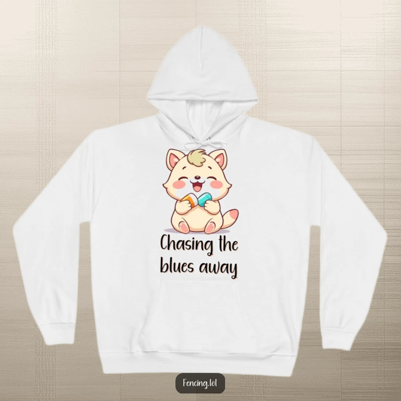 Funny hoodie, joyful animal happily giving a colorful pill, providing warmth and a touch of playful humor.