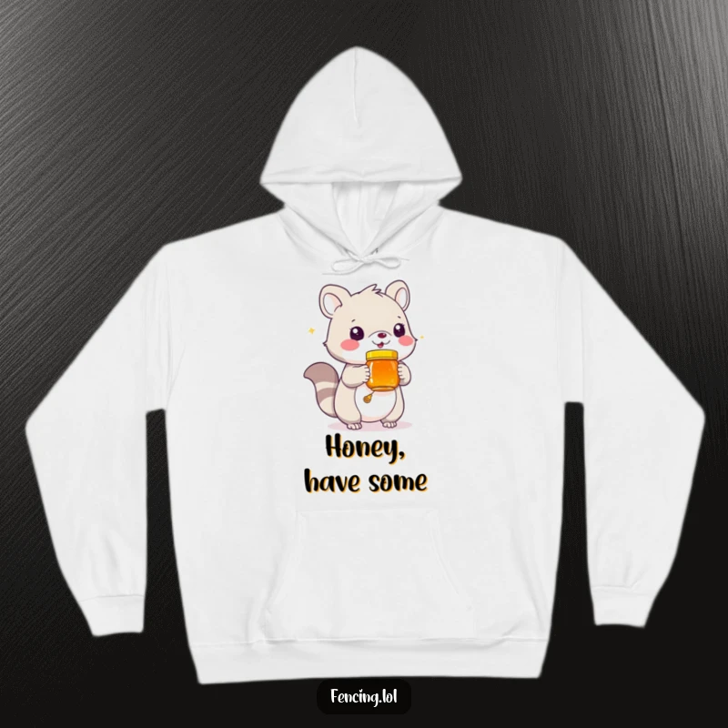 Funny hoodie with a playful animal presenting a jar of honey, radiating warmth and humorous generosity.