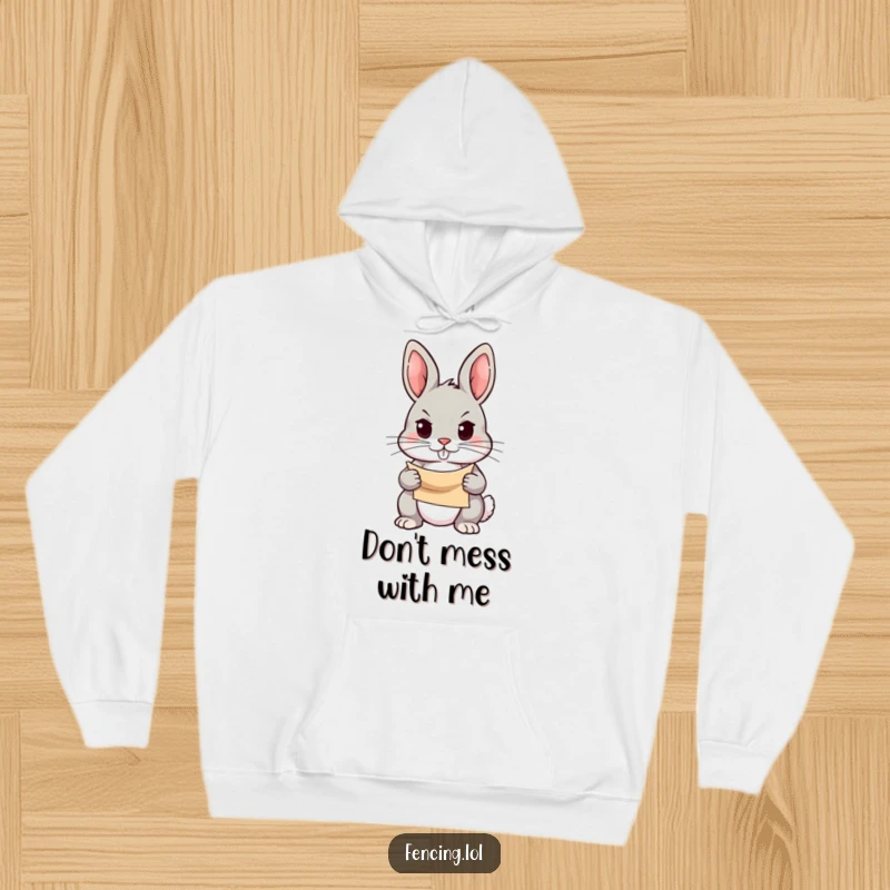 Funny hoodie featuring a determined rabbit holding a small scroll, gaze fixed, symbolizing focus and ambition, a comfortable and humorous apparel item.