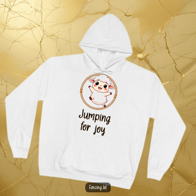 Funny fluffy sheep with a wide grin leaping through a hoop, featured on a warm hoodie.