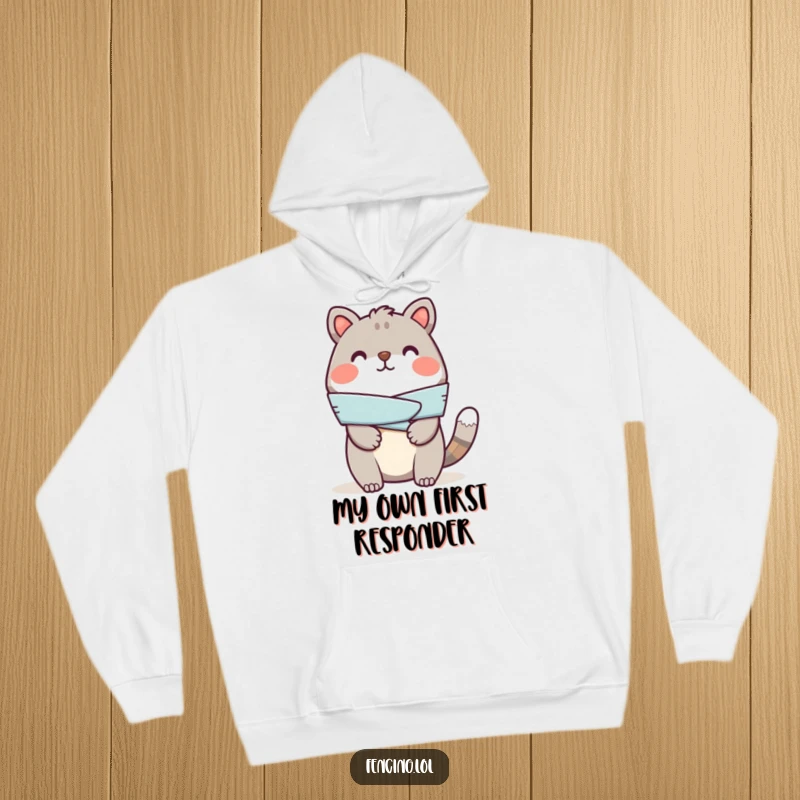 Funny hoodie showing a cheerful animal bandaging a fake wound, offering warmth and a humorous dose of care.
