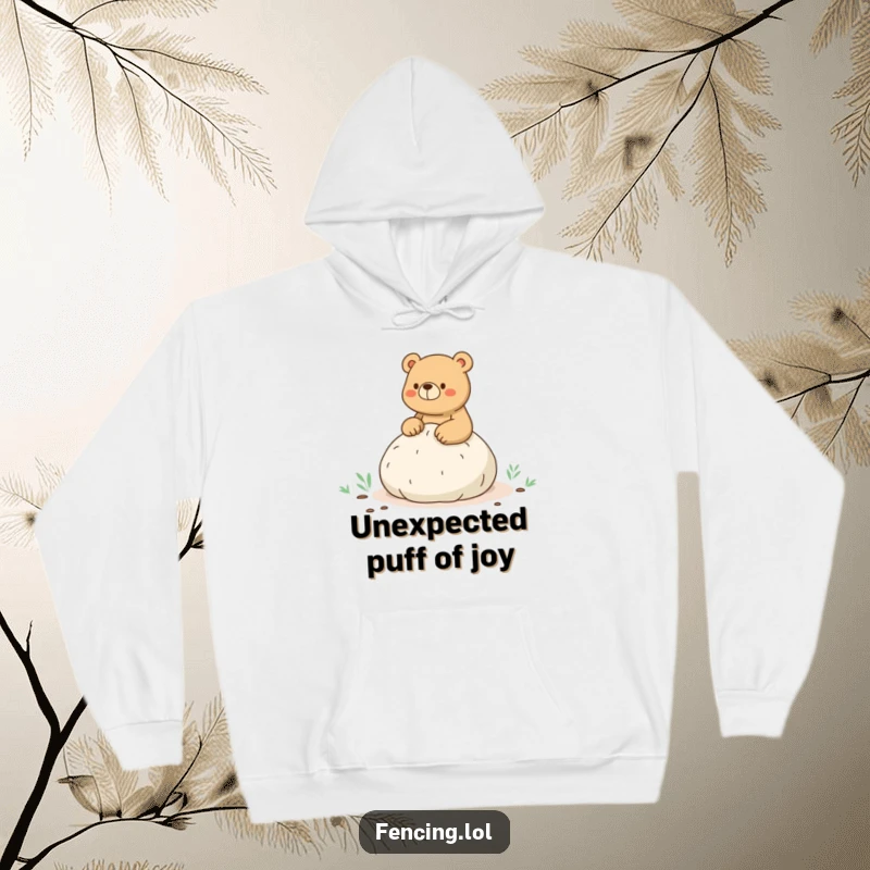 Funny hoodie showcasing a bear accidentally sitting on a whoopee cushion during a scenic hike, creating a comical and relatable situation.