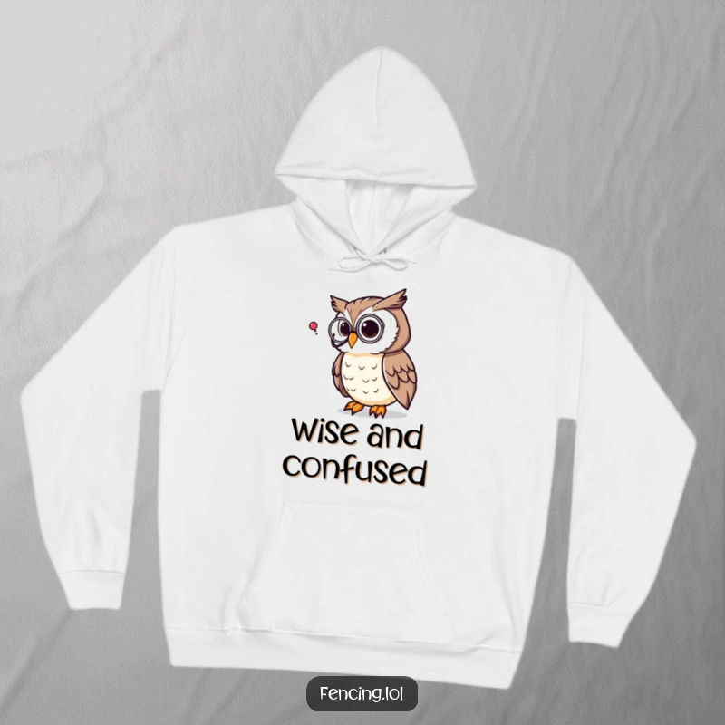 Funny hoodie featuring a thoughtful owl wearing a monocle, pondering a giant question mark, a comfortable and humorous statement piece.