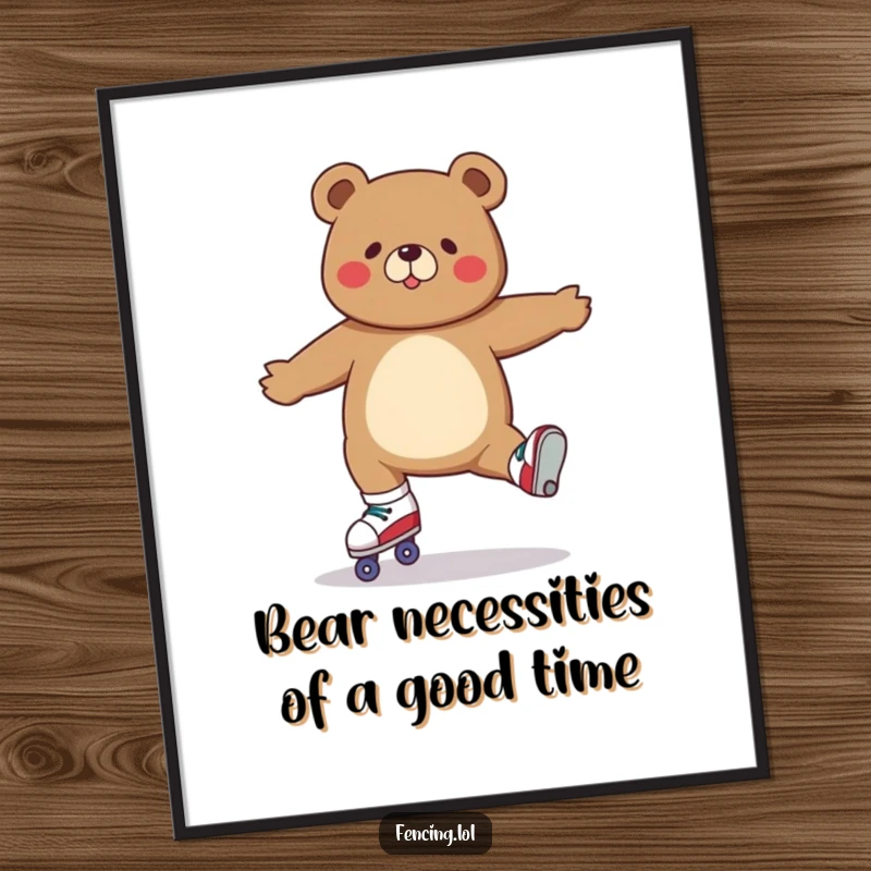Funny Free Printable Wall Art: A determined bear masters a perfect split on roller skates, bringing dynamic humor and athleticism to your decor.