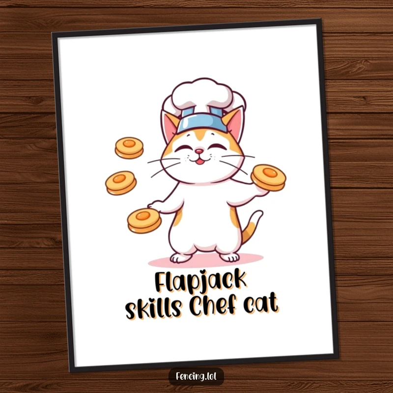 Funny Free Printable Wall Art: A cat wearing a chef hat skillfully juggles multiple flying pancakes, a humorous kitchen decoration.
