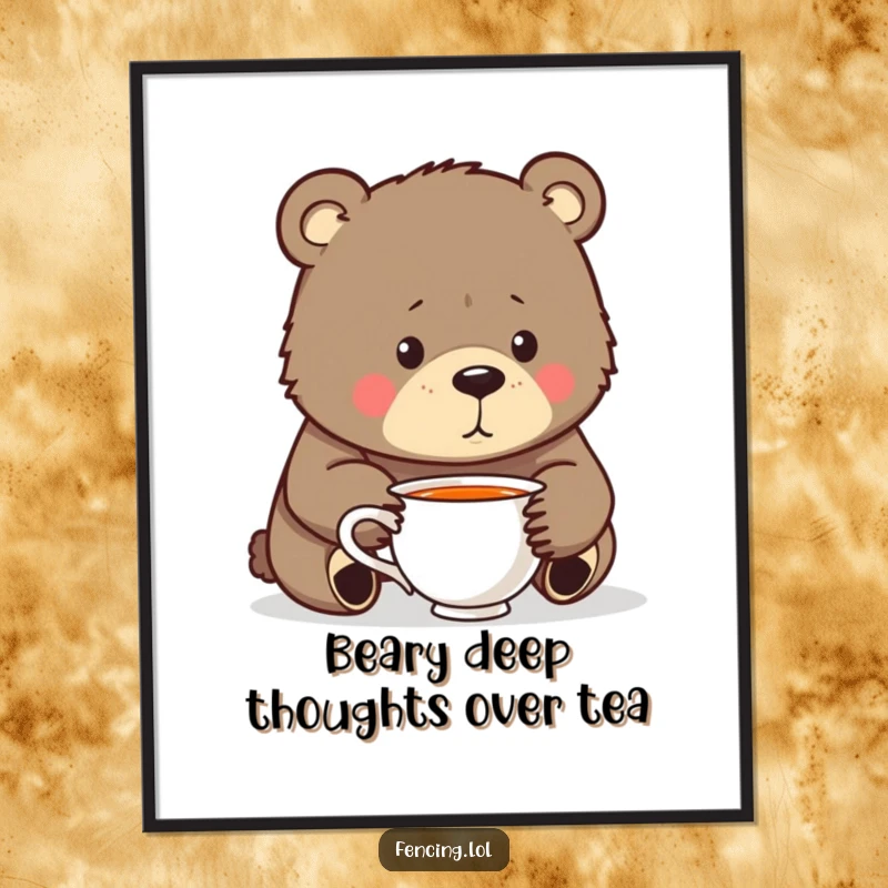 Funny Free Printable Wall Art: A determined bear introspectively gazing into a teacup, full of deep thoughts.