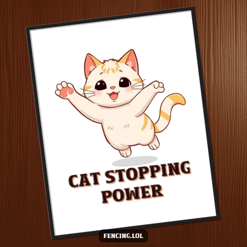 Funny Free Printable Wall Art: Playful cat in a dramatic sudden stop with a flourish, a humorous feline moment captured perfectly.