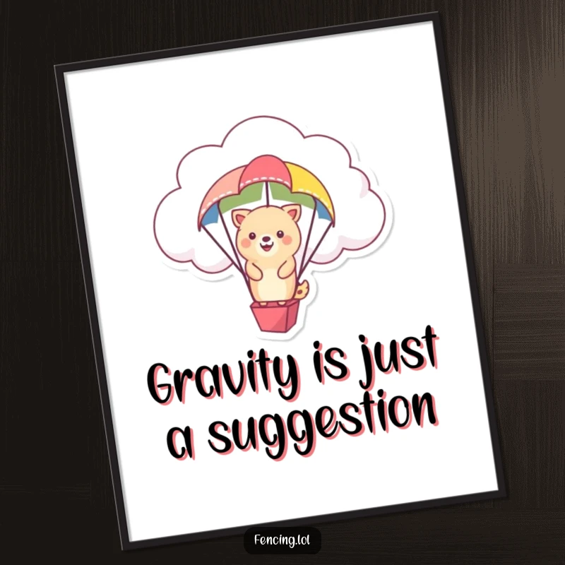 Funny Free Printable Wall Art: A happy animal rides a cloud using a colorful parachute, a joyful downloadable wall decor.