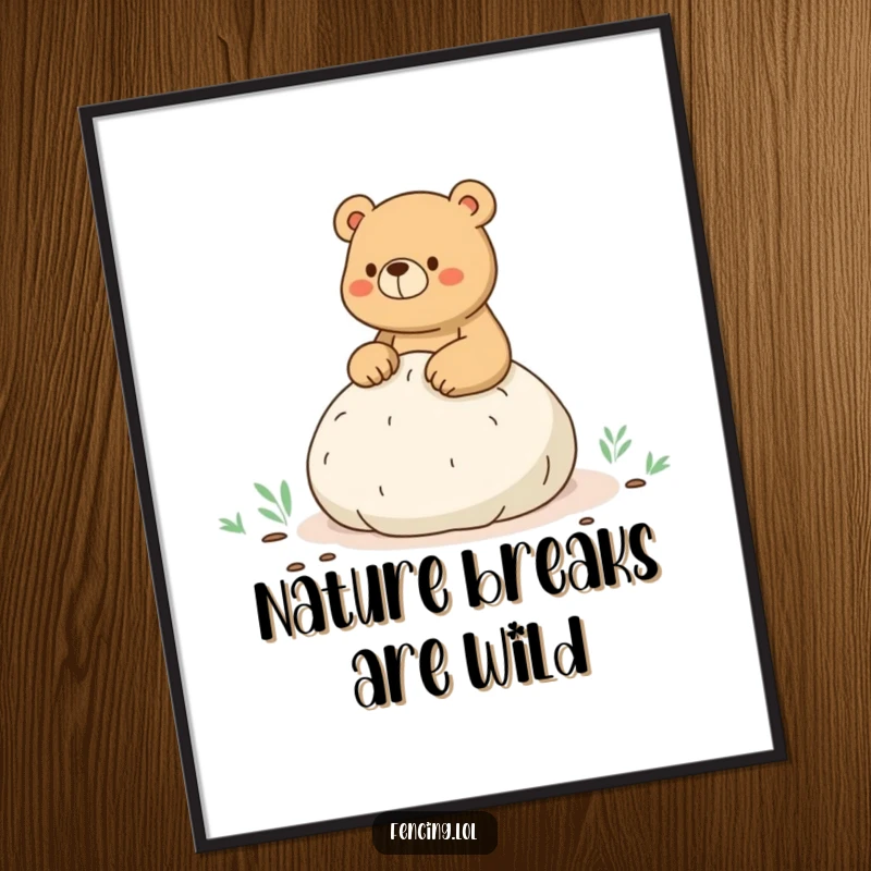 Funny Free Printable Wall Art: A bear sits on a whoopee cushion mid-hike, creating a comical scene.