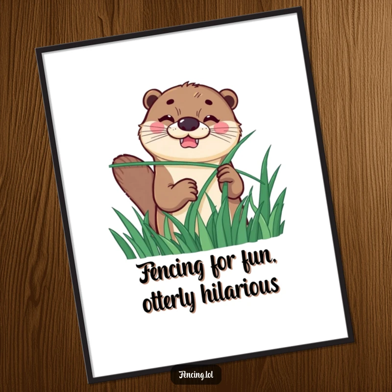 Funny free printable wall art depicting a determined otter with a grin, enthusiastically fencing with a long blade of grass.