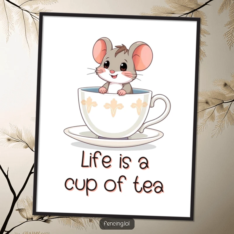Funny Free Printable Wall Art: A brave little mouse comfortably sitting inside a very large teacup, looking adventurous.