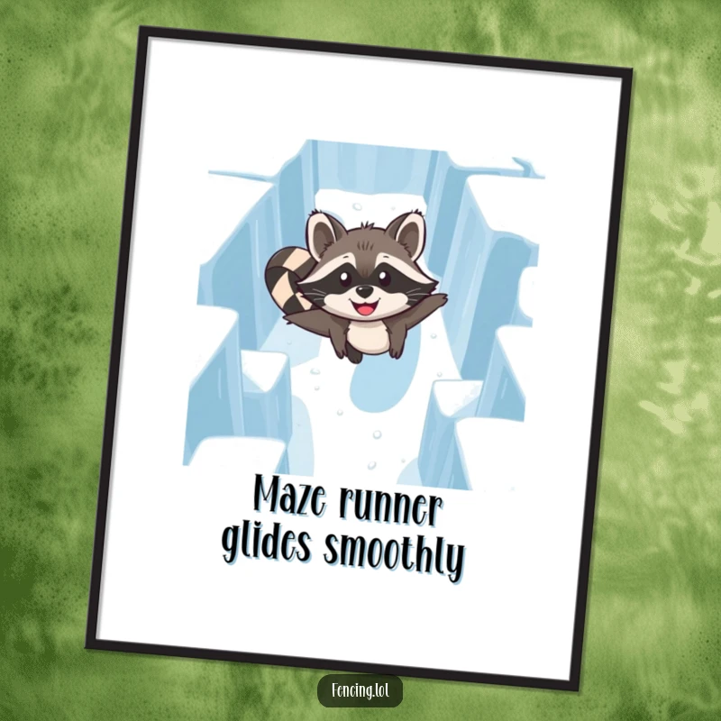 Funny Free Printable Wall Art: A happy raccoon navigates an intricate ice maze with skill and a cheerful grin.