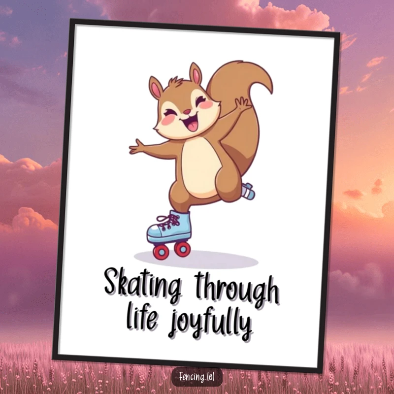 Funny Free Printable Wall Art: Joyful squirrel doing a cartwheel on roller skates, a vibrant and hilarious piece for any wall.