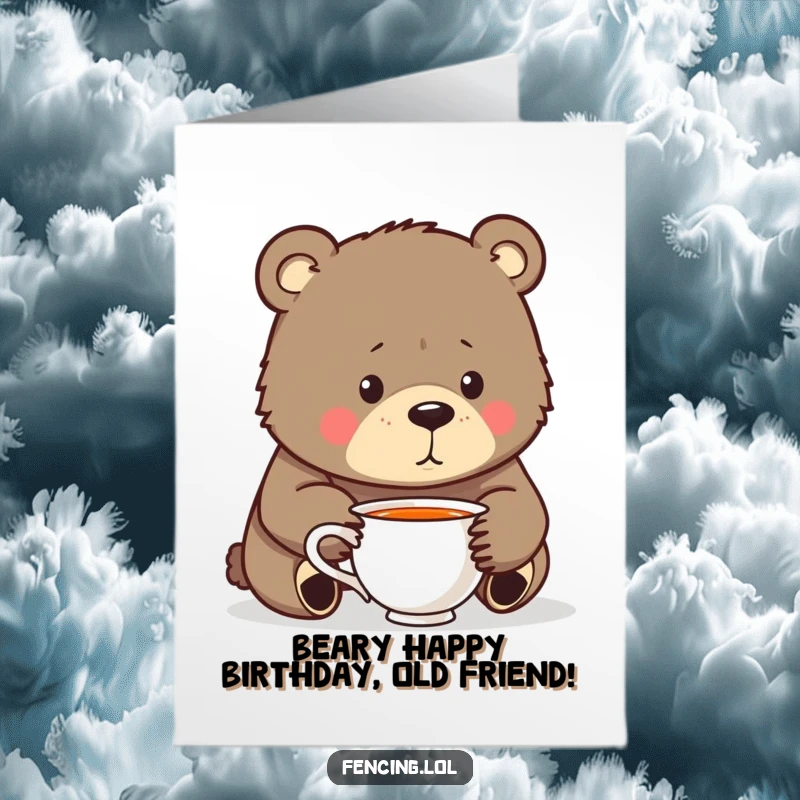 Funny Free Printable Birthday Card: A determined bear staring intently into a teacup, lost in thought.