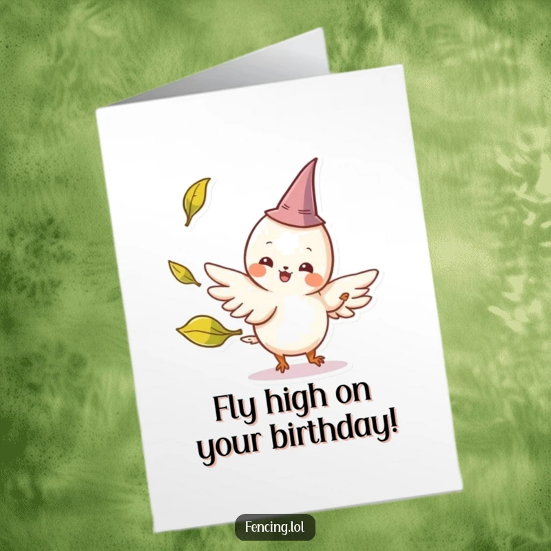 Funny Free Printable Birthday Card: Cheerful winged creature with tiny hat parries a playfully tossed leaf.