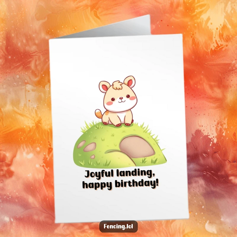 Funny Free Printable Birthday Card: Cheerful animal gently landing on a green grassy hill, bringing joy.