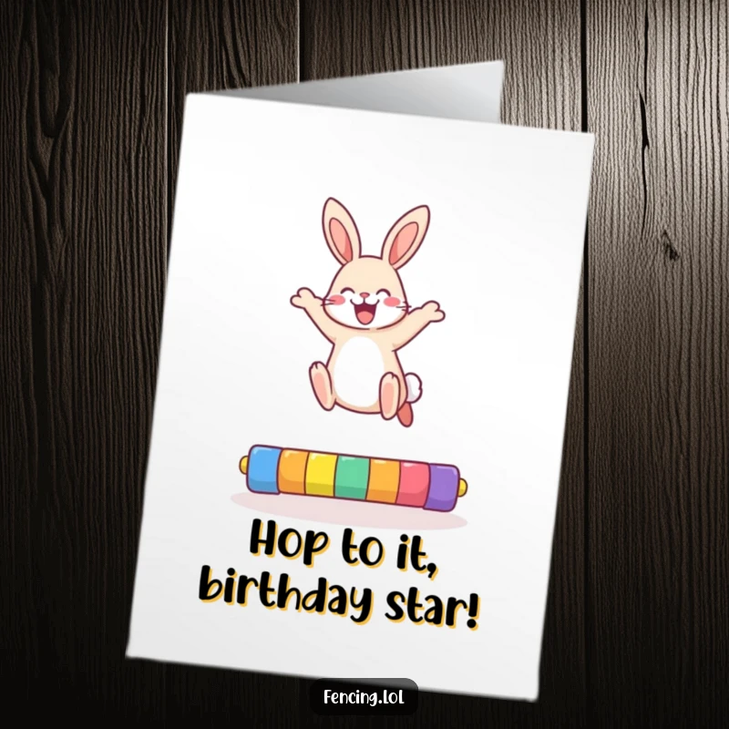 Funny Free Printable Birthday Card: A happy rabbit mid-air, clearing a colorful bar with athletic joy and a big smile.