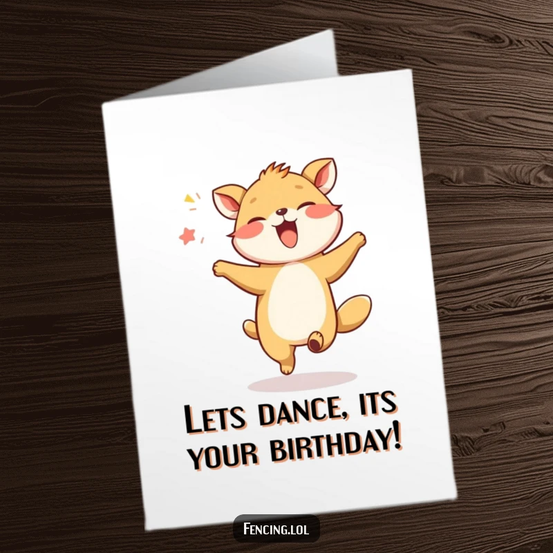 Free Printable Birthday Card: A joyful animal is giggling and doing a silly dance in mid-air. Fun and energetic design.