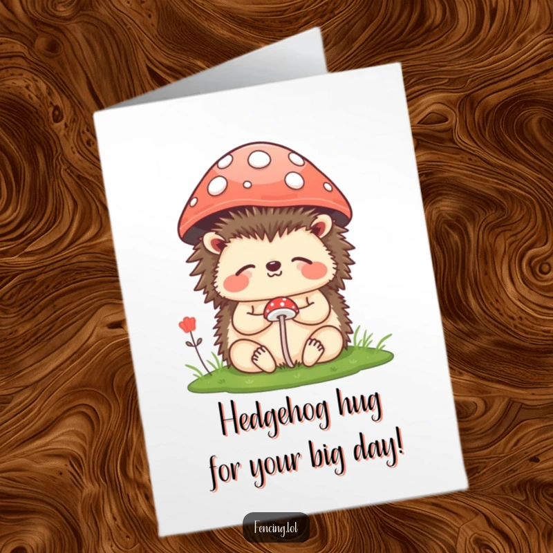Funny Free Printable Birthday Card featuring a happy hedgehog meditating peacefully under a tiny mushroom, radiating calm.