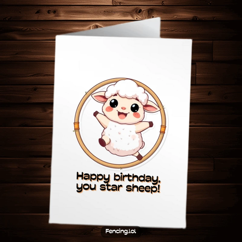 Funny Free Printable Birthday Card: A fluffy sheep joyfully leaping through a hoop with a big grin. Hilarious downloadable greeting.
