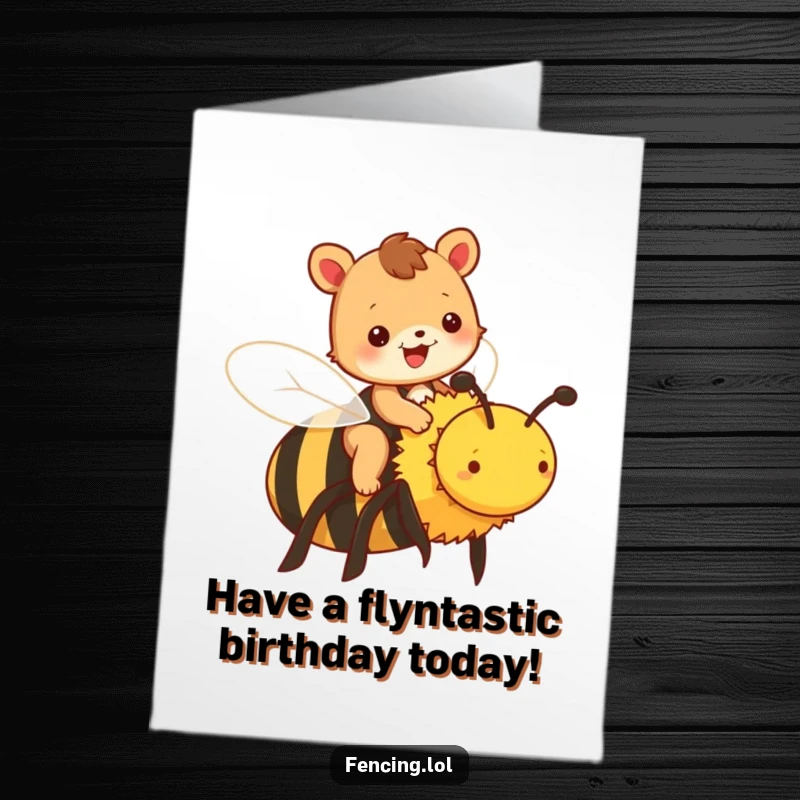 Funny Free Printable Birthday Card: Cheerful animal joyfully riding on the back of a large bee.