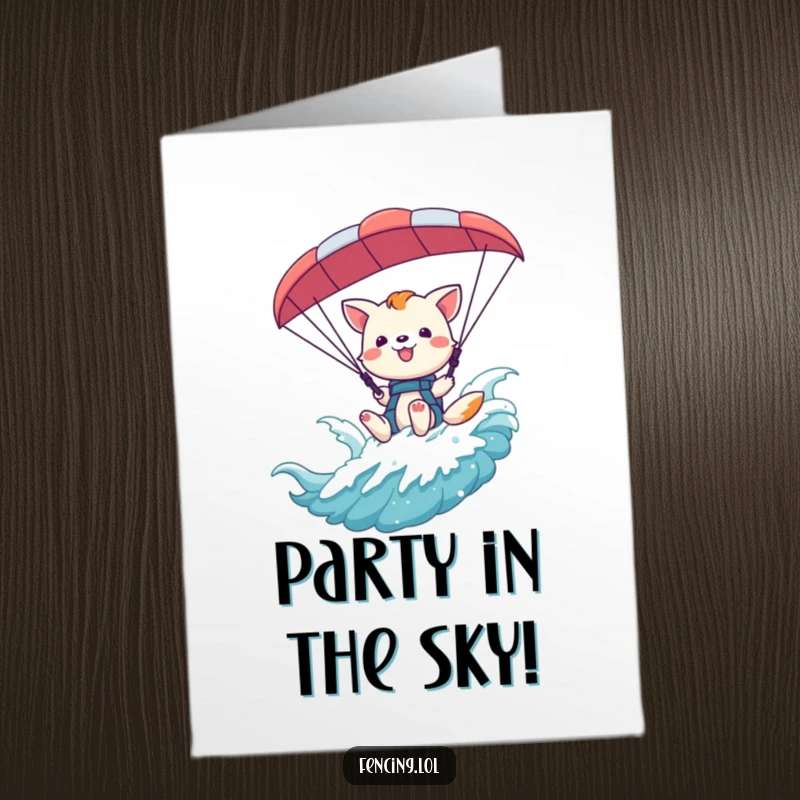 Funny Free Printable Birthday Card: A happy, playful animal waving enthusiastically from a paraglider harness, ready to celebrate.