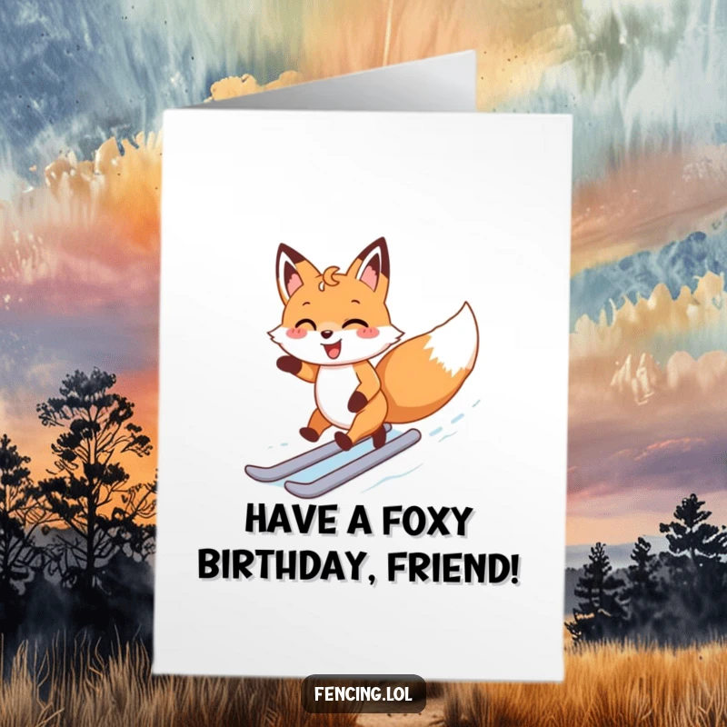 Funny Free Printable Birthday Card: A happy fox skates with pure joy around an ice rink, embodying birthday excitement and playful energy.