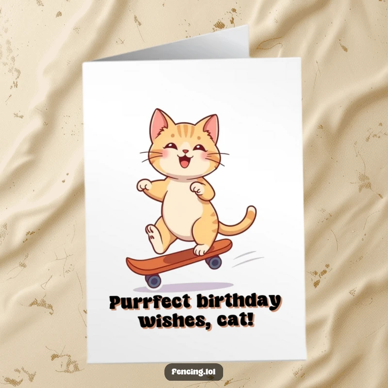 Funny Free Printable Birthday Card: A playful cat glides with impressive balance on a single skate, celebrating in cool, sophisticated style.