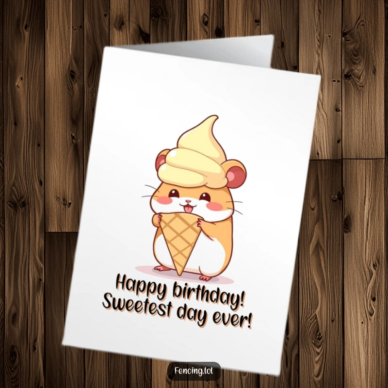 Funny Free Printable Birthday Card: A hamster tries to wear a giant ice cream cone, wishing a happy birthday.