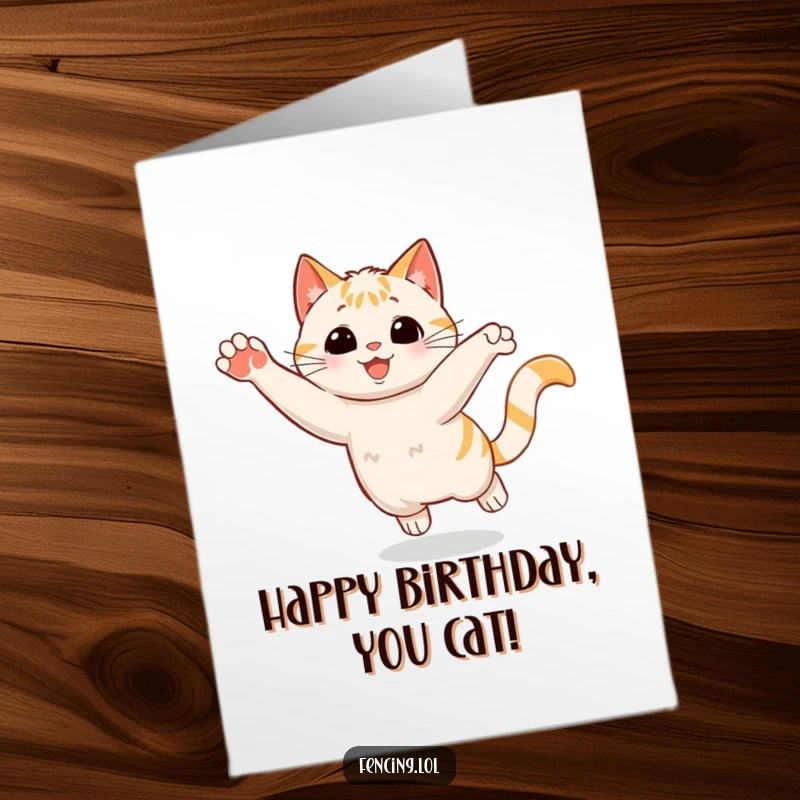 Funny Free Printable Birthday Card: Playful cat executing a dramatic, sudden stop with a flourish, full of comedic timing.