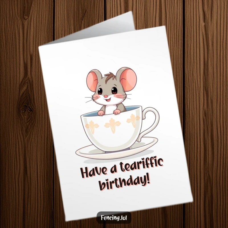 Funny Free Printable Birthday Card: A small, courageous mouse sitting confidently inside a very large teacup.