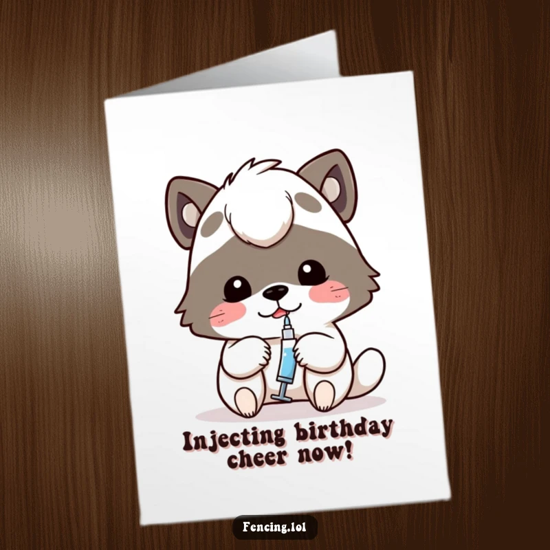 Funny Free Printable Birthday Card: A determined animal carefully administering a tiny dose with a syringe.
