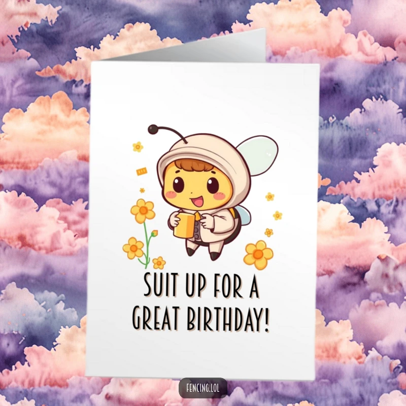 Funny Free Printable Birthday Card: Happy bee in a tiny suit collecting nectar, celebrating a stylish and sweet birthday.
