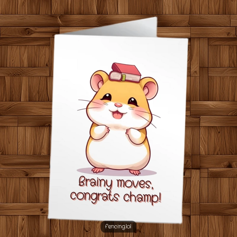 Funny Free Printable Congratulations Card: Giggling hamster balancing a tiny book on its head, intelligent and amusing, downloadable art.