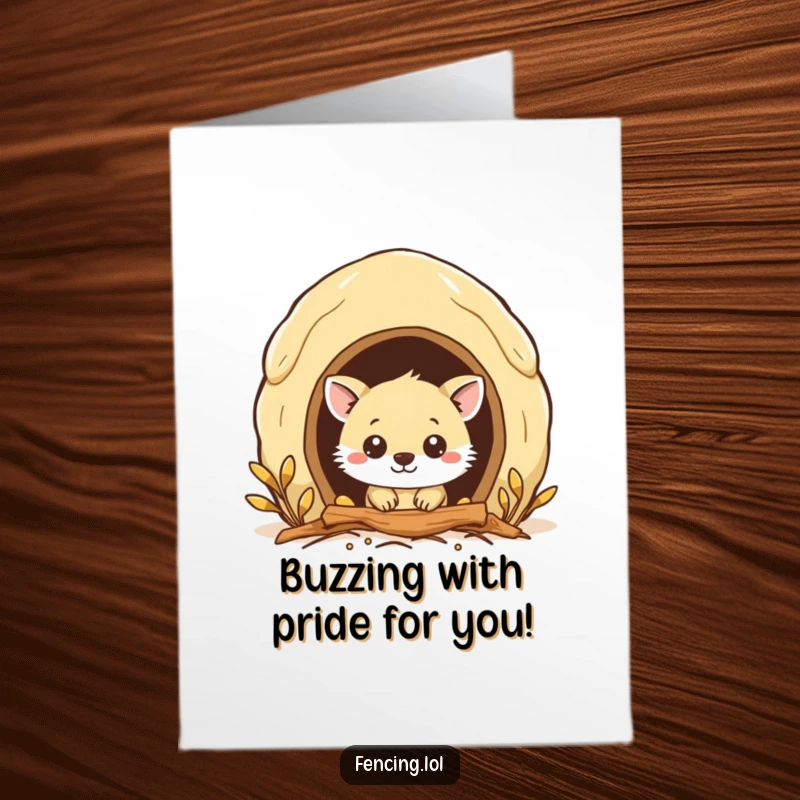 Funny Free Printable Congrats Card: Curious animal peering into a beehive entrance, symbolizing new discoveries.