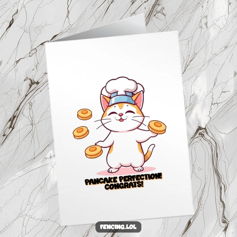 Funny Free Printable Congratulations Card: A cat chef wearing a hat juggles flying pancakes, congratulating success.