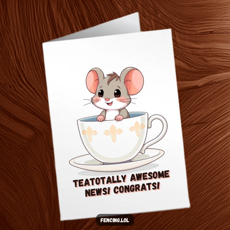 Funny Free Printable Congratulations Card: A brave mouse enjoying its time inside a giant teacup.