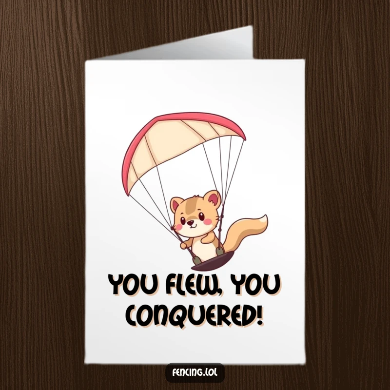 Funny Free Printable Congratulations Card: Determined animal steering a paraglider, symbolizing a triumphant arrival and success.