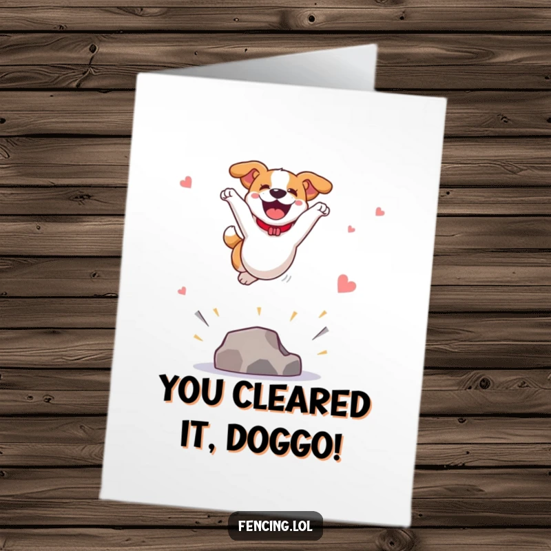 Funny Free Printable Congratulations Card: A joyful dog leaps high for a spectacular vault, a dynamic downloadable congratulation.